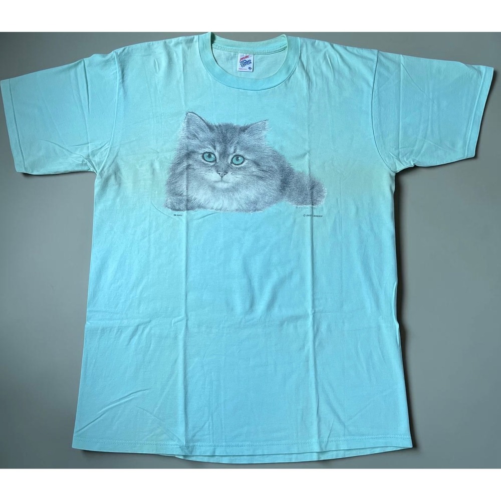 Vintage Jerzees Cat T Shirt XL Turquoise Blue Eyes Virginia Miller 90s USA